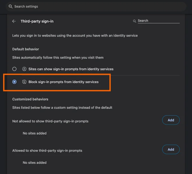 how to block 3rd party sign in prompts in chrome
